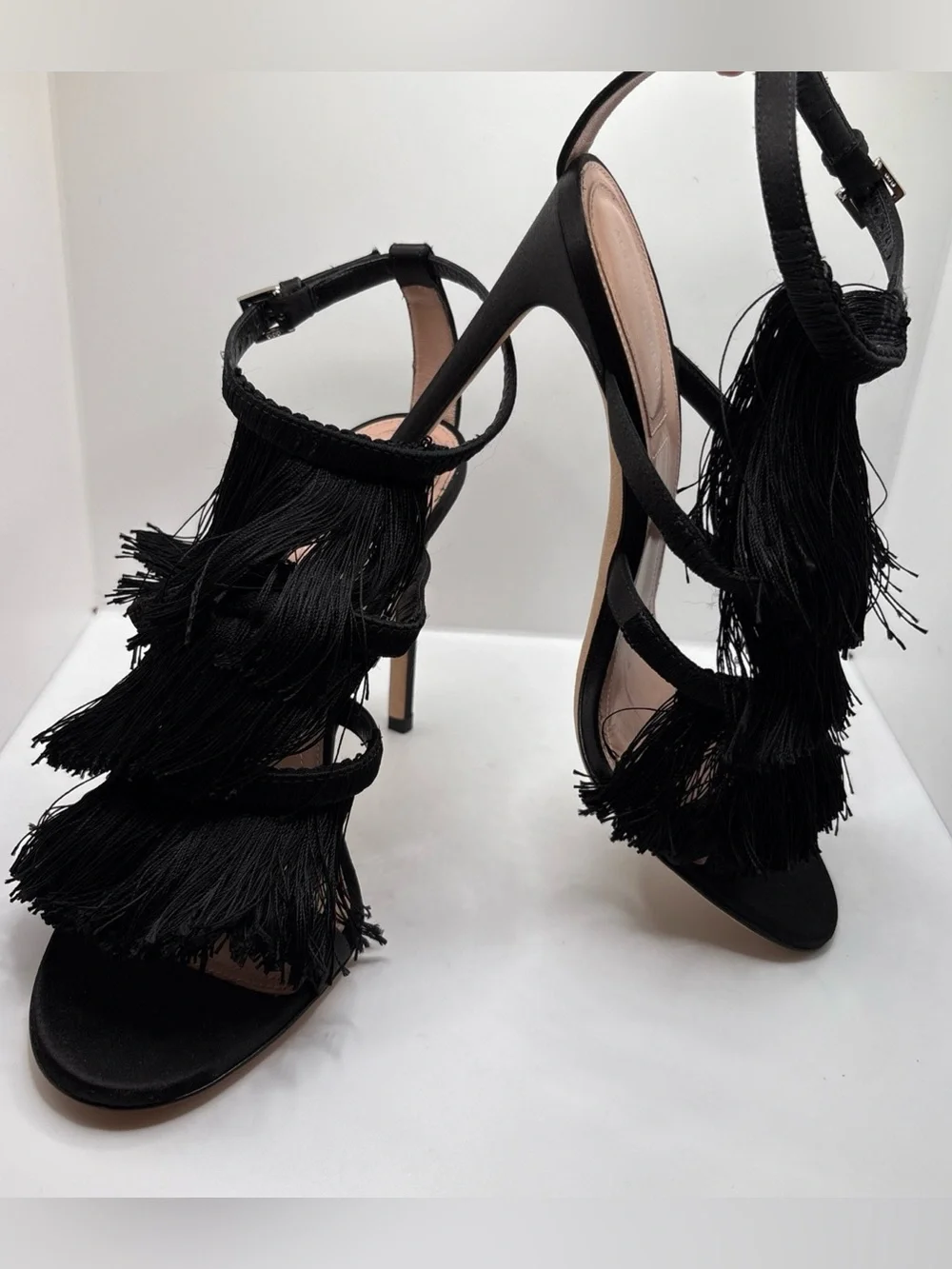 ALBERTA FERRETTI Black Tassel Fringe Shoes Stiletto High Heels SZ EU 39 US 8.5